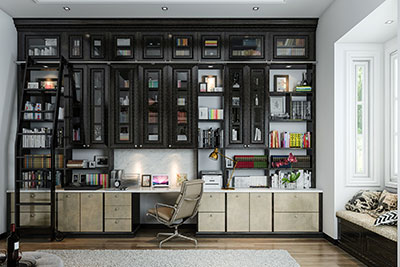 a contemporary home office with a closed storage unit, a floating