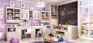 Kids room, pink, with storage space under bed